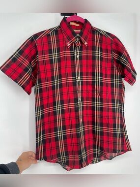 Vintage Mid Century Red Plaid Kaynee Golden Crest Wash N Wear Button Down Shirt